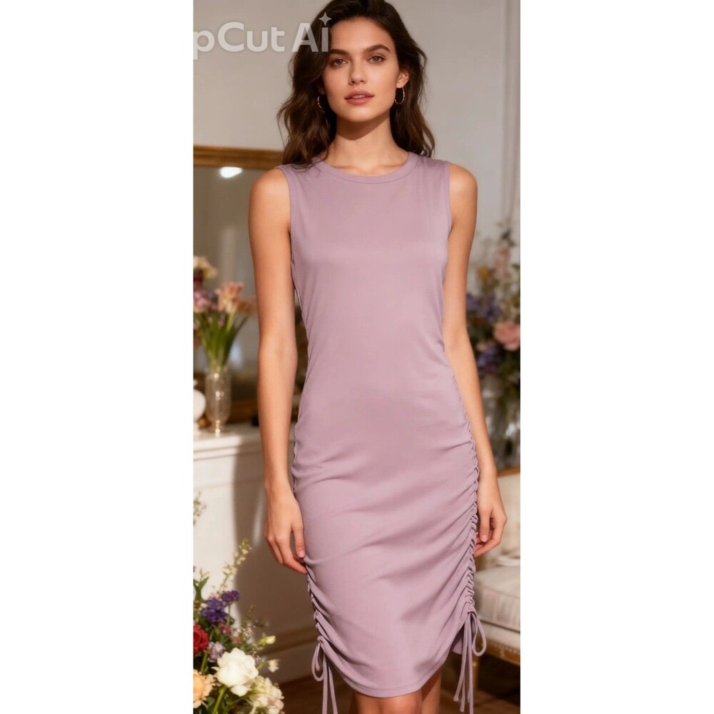 BB Dakota Steve Madden Mauve Knit Ruched Drawstring Round Neck Midi Dress L